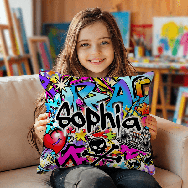 Personalized Dynamic Street Graffiti Art Soft Throw Pillow Cover with Name Party Birthday Gift for Kids Graffiti Lovers