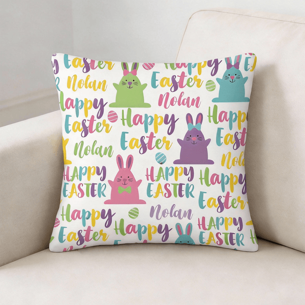 Personalized Happy Easter Rabbit Soft Throw Pillow Cover with Name Home Decoration Easter Gift for Kid Family