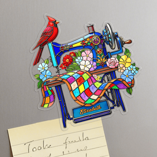 Personalized Stained Glass Art Style Cardinal Sewing Machine Acrylic Fridge Magnet with Name Home Decor Memorial Gift for Women