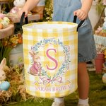 Personalized Cute Easter Bunny Wreath Bow Plaid Laundry Basket with Initial and Name Daily Use Easter Day Gift for Kids