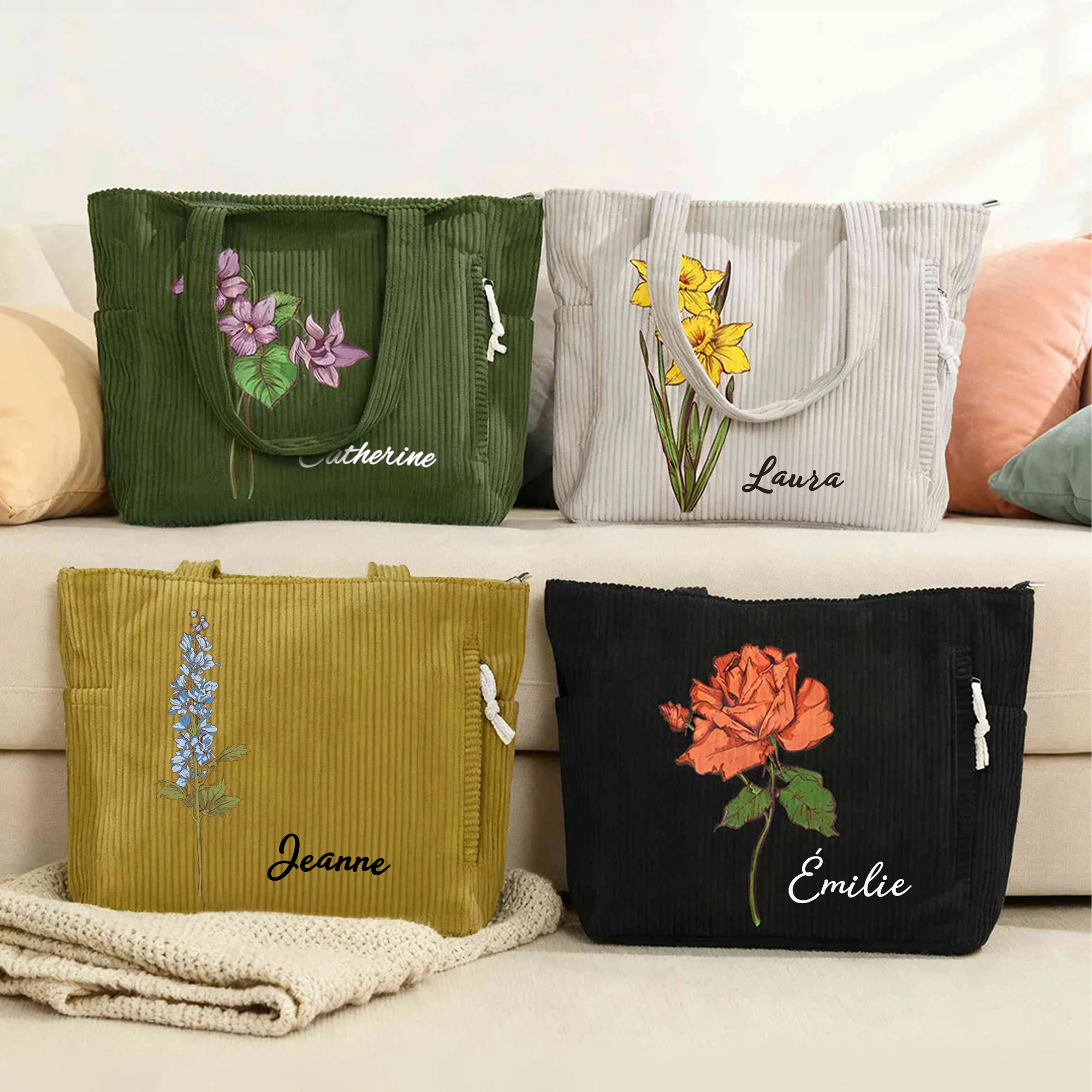 Sac à épaule en velours côtelé personnalisé avec nom et fleur de naissance - Sac de grande capacité - Cadeau d'anniversaire pour les femmes