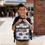 Personalised Green Tractor Pattern Insulated Kids Lunch Bag with Name Back to School Birthday Gift for Boys Girls