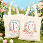 Personalized Cute Easter Bunny Wreath Bow Canvas Tote Bag with Initial and Name Daily Use Easter Day Gift for Kids