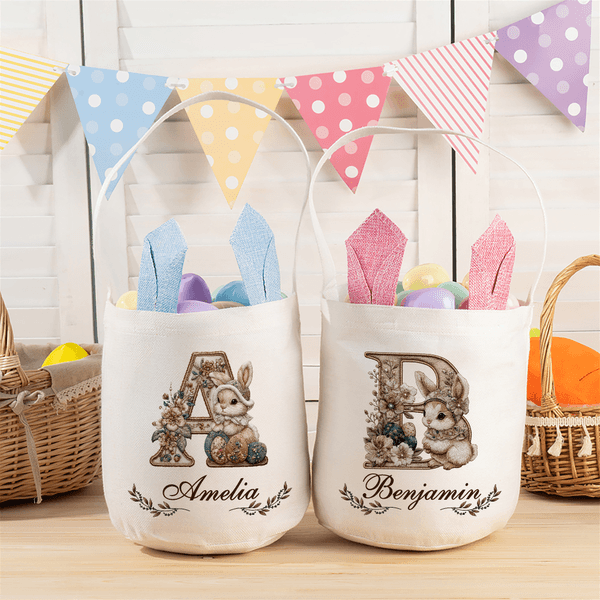 Personalized Vintage Flower Rabbit  Eggs Bunny Ears Easter Basket with Name Easter Day Eggs Hunting Party Gift for Kids