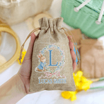 Personalized Wreath Bow Cute Rabbit Initial Drawstring Candy Gift Bag with Name Easter Holiday Party Favors Gift for Boys Girls