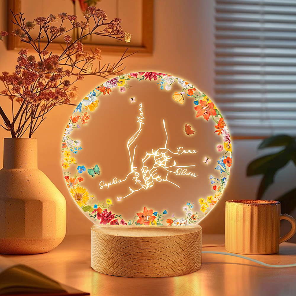 Veilleuse LED personnalisée avec nom et socle en bois Décoration de chambre Fête des mères Anniversaire Cadeau de douche de bébé pour nouveau-né Nouvelle maman