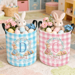 Personalized Cute Easter Bunny Wreath Bow Plaid Laundry Basket with Initial and Name Daily Use Easter Day Gift for Kids