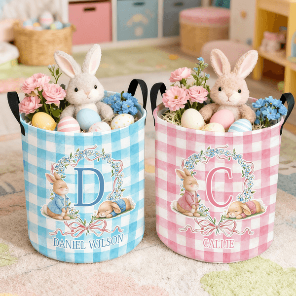 Personalized Cute Easter Bunny Wreath Bow Plaid Laundry Basket with Initial and Name Daily Use Easter Day Gift for Kids