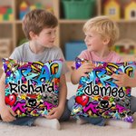 Personalized Dynamic Street Graffiti Art Soft Throw Pillow Cover with Name Party Birthday Gift for Kids Graffiti Lovers