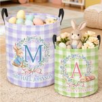 Personalized Cute Easter Bunny Wreath Bow Plaid Laundry Basket with Initial and Name Daily Use Easter Day Gift for Kids