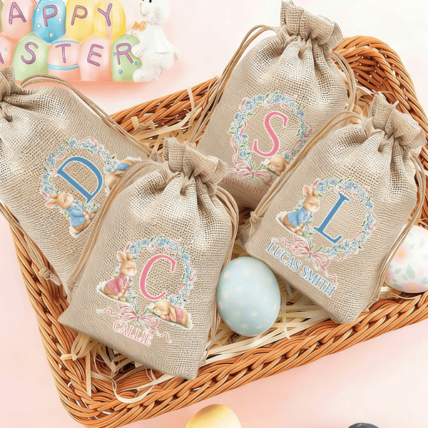 Personalized Wreath Bow Cute Rabbit Initial Drawstring Candy Gift Bag with Name Easter Holiday Party Favors Gift for Boys Girls