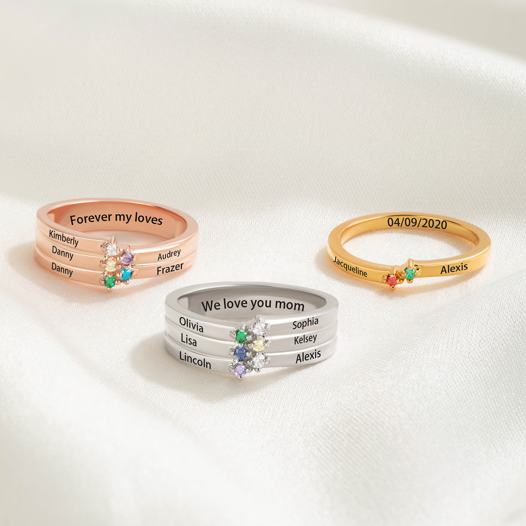 Bague personnalisée 1-8 pierres de naissance avec nom gravé Bijoux femme délicats Anniversaire Fête des mères Cadeau pour Grand-mère Maman