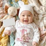 Personalized Cute Bunny Baby Bodysuit Hat Swaddle Blanket Set with Name and Year First Easter Gift for Babies Newborns