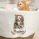 Personalized Embroidery Style Bunny Easter Basket Liner with Floral Name and Initial Easter Party Favor Eggs Hunting Gift for Kids