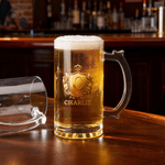 Personalized Crown Badge Pattern Initial Beer Glass with Handle and Name Retirement Birthday Anniversary Gift for Dad Grandpa Boyfriend