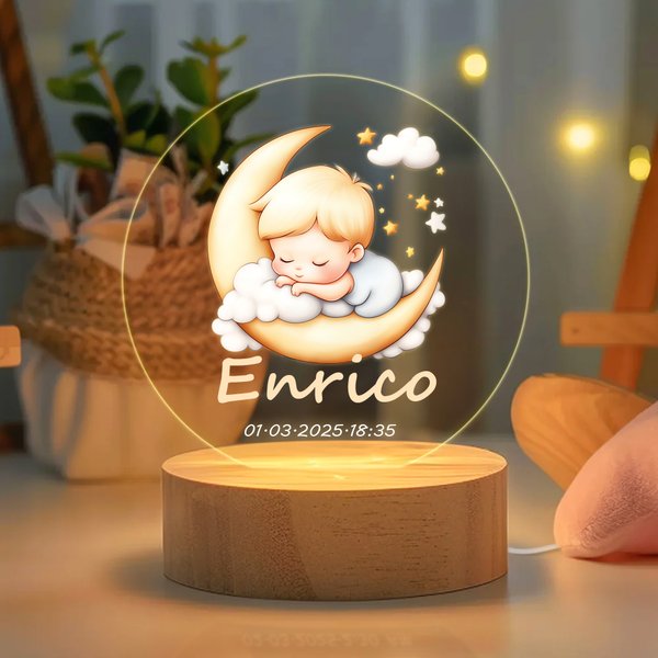 Luce notturna a LED in acrilico personalizzata con nome e base in legno, decor per camera - Regalo di compleanno per bambini
