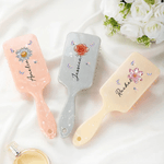 Personalized Crystal Birth Flower Hair Brush Anti-Static Massage Comb with Name Makeup Tool Daily Use Birthday Gift for Women Girls