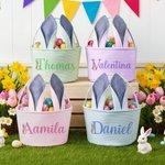 Personalised Cute Peter Rabbit Ears Stripe Easter Basket with Name and Initial Easter Party Favor Eggs Hunting Gift for Kids