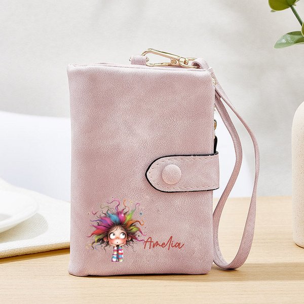 Personalizado Whimsical Quirky Chica de cuero Trifold nombre de la cartera de pulsera con tarjetero cumpleaños de regalo de vacaciones para las mujeres niñas