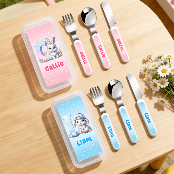 Personalized Cute Cartoon Bunny Fork Spoon Knife 3 Pcs Cutlery Set with Name and Case Back to School Birthday Easter Gift for Boys Girls