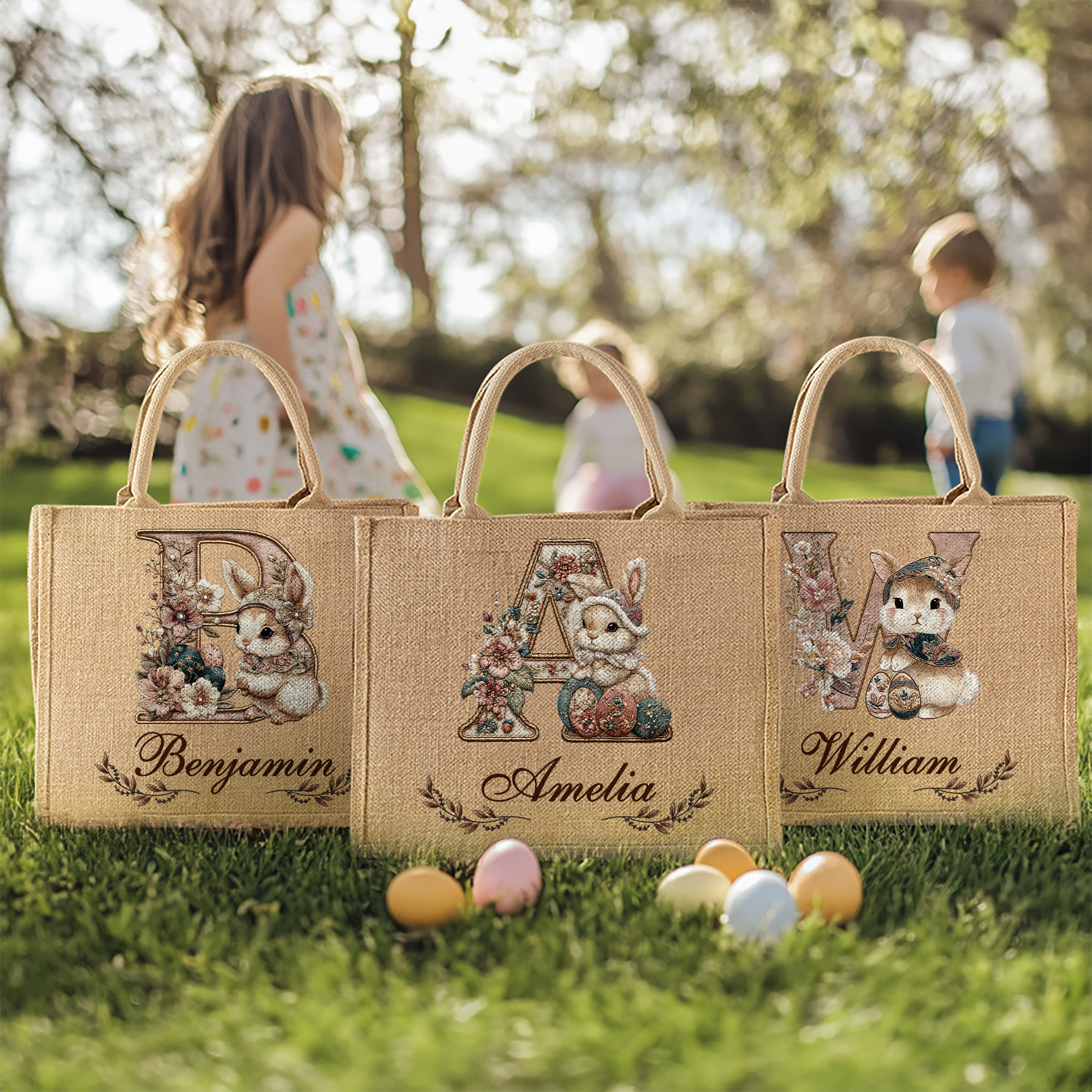 Sac en toile de jute brodé avec nom et initiales Cadeau de Pâques pour les enfants