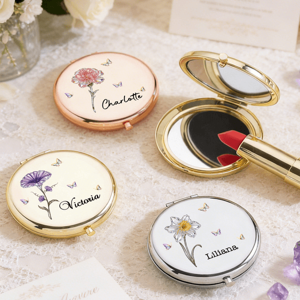 Personalized Crystal Birth Flower Butterfly Portable Folding Pocket Makeup Mirror with Name Wedding Birthday Gift for Bridesmaid Friend Woman