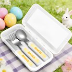 Personalized Cute Cartoon Bunny Fork Spoon Knife 3 Pcs Cutlery Set with Name and Case Back to School Birthday Easter Gift for Boys Girls