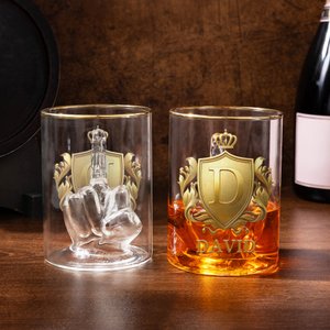 Personalised Golden Badge Middle Finger Design Glass with Name and Initial Birthday Gift for Man Bartender Whiskey Enthusiast