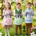 Personalised Cute Peter Rabbit Ears Stripe Easter Basket with Name and Initial Easter Party Favor Eggs Hunting Gift for Kids