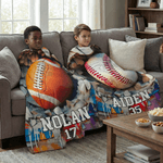 Personalised Sportball Design Throw Blanket with Name and Number Home Decor Birthday Gift for Sport Lovers