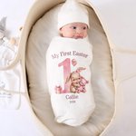 Personalized Cute Bunny Baby Bodysuit Hat Swaddle Blanket Set with Name and Year First Easter Gift for Babies Newborns