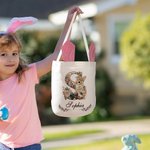 Personalized Vintage Flower Rabbit  Eggs Bunny Ears Easter Basket with Name Easter Day Eggs Hunting Party Gift for Kids