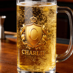 Personalized Crown Badge Pattern Initial Beer Glass with Handle and Name Retirement Birthday Anniversary Gift for Dad Grandpa Boyfriend