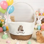 Personalized Embroidery Style Bunny Easter Basket Liner with Floral Name and Initial Easter Party Favor Eggs Hunting Gift for Kids