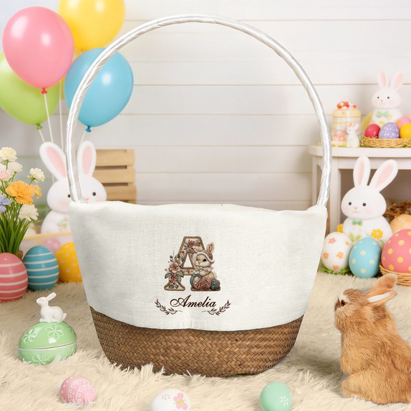Personalized Embroidery Style Bunny Easter Basket Liner with Floral Name and Initial Easter Party Favor Eggs Hunting Gift for Kids