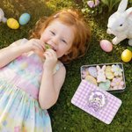 Personalized Plaid Wreath Polka Dot Bow Bunny Food Grade Metal Biscuit Tin Storage Box with Name Easter Gift for Family Kids