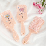 Personalized Crystal Birth Flower Hair Brush Anti-Static Massage Comb with Name Makeup Tool Daily Use Birthday Gift for Women Girls
