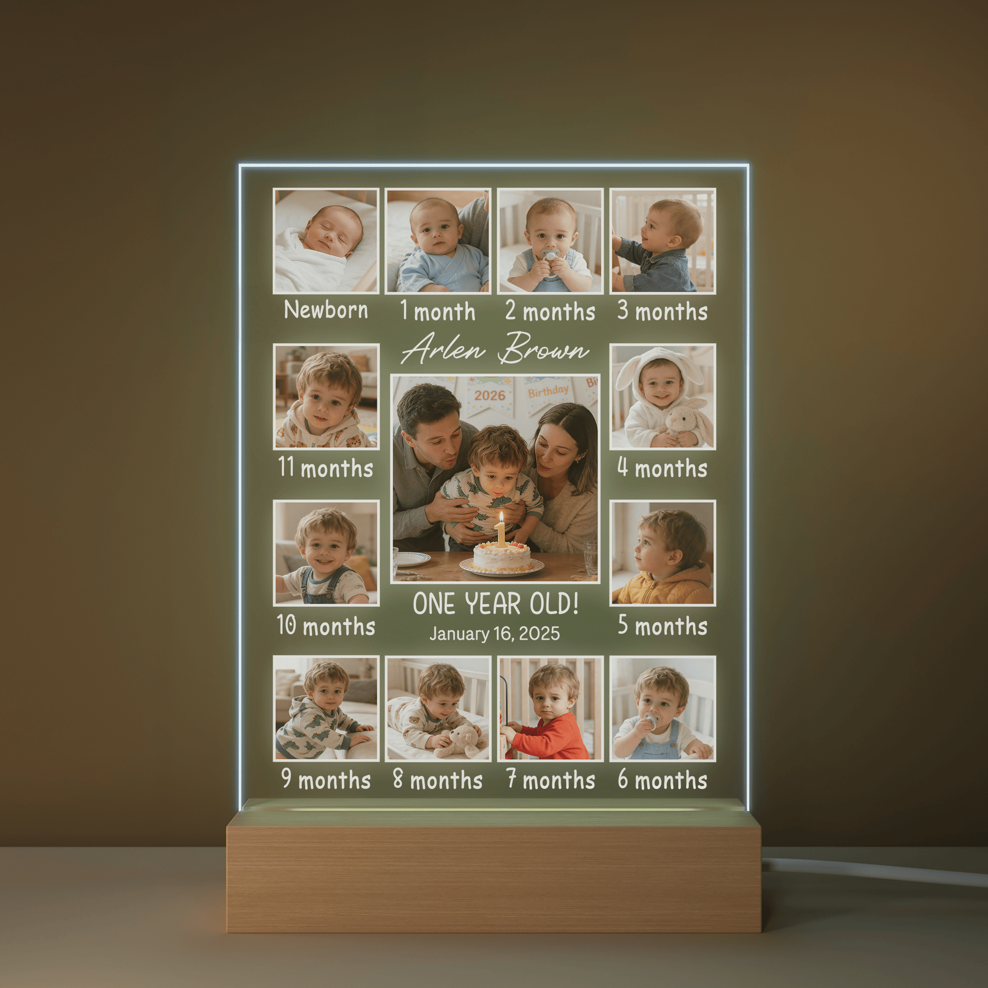 Veilleuse LED Acrylique Personnalisée 13 Photos 7 Couleurs avec Base en Bois Décoration de Chambre d'Enfant Douche de Bébé Cadeau d'Anniversaire pour Nouveau-né