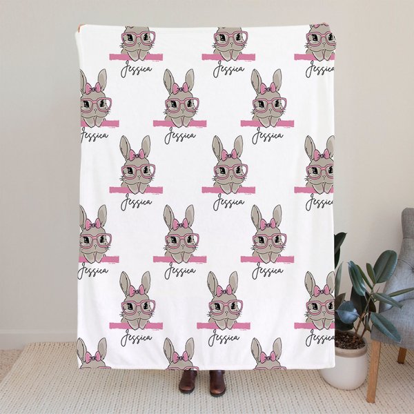Personalized Cute Easter Bunny Soft Throw Blanket with Name Home Decor Easter Gift for Family Kids