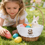 Personalized Embroidery Style Bunny Easter Basket Liner with Floral Name and Initial Easter Party Favor Eggs Hunting Gift for Kids