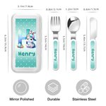 Personalized Cute Cartoon Bunny Fork Spoon Knife 3 Pcs Cutlery Set with Name and Case Back to School Birthday Easter Gift for Boys Girls