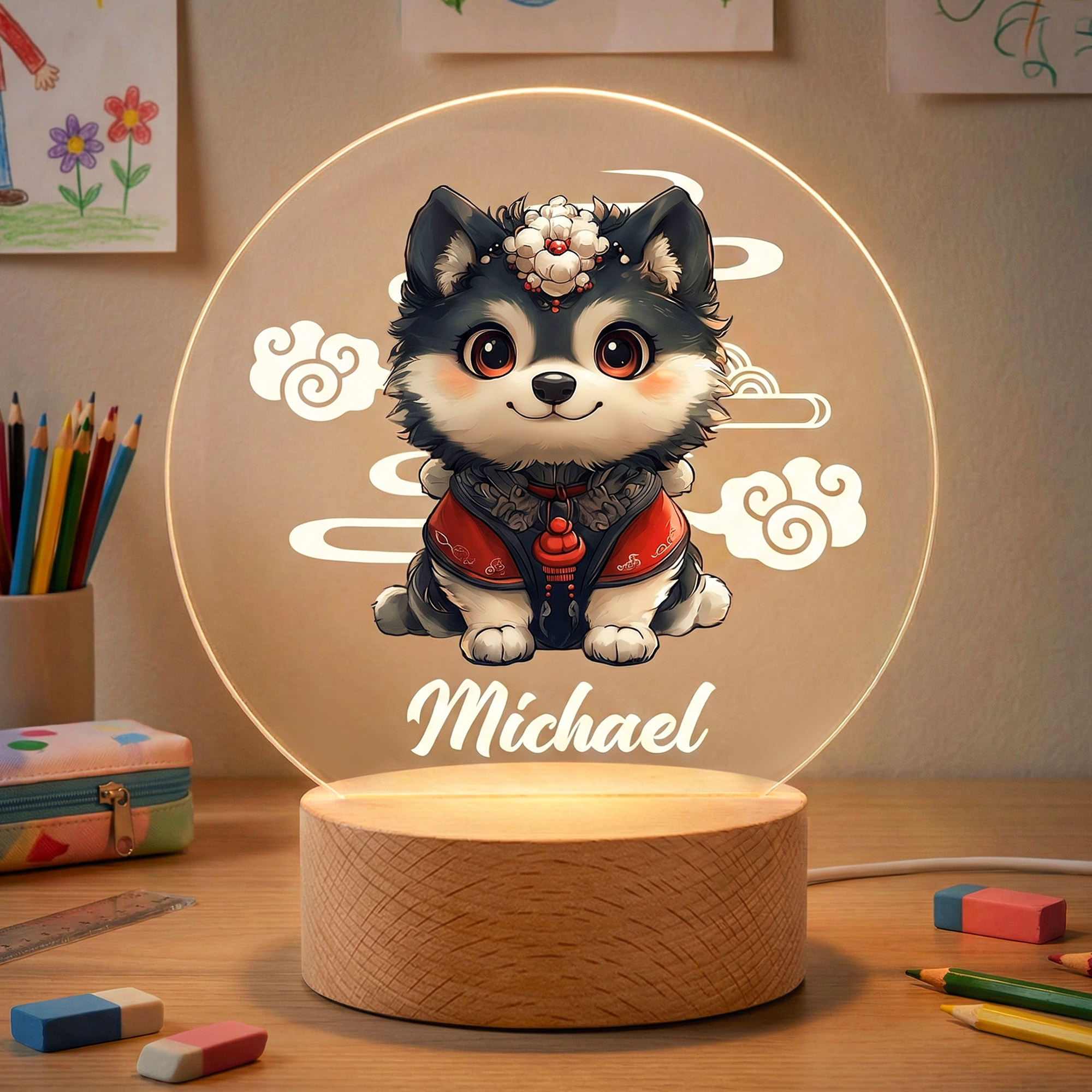 Veilleuse LED personnalisée avec nom et socle en bois Décoration de chambre Anniversaire Cadeau d'anniversaire pour enfants