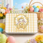 Personalized Plaid Wreath Polka Dot Bow Bunny Food Grade Metal Biscuit Tin Storage Box with Name Easter Gift for Family Kids