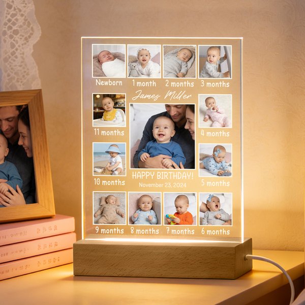 Personalized Infant Life Milestones 13 Photos 7 Colors Acrylic LED Night Light with Wooden Base Nursery Decor Baby Shower Birthday Gift for Newborns