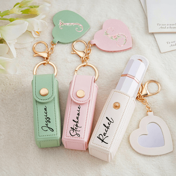 Personalized Heart-Shaped Mirror Floral PU Leather Lipstick Case Keychain with Name and Initial Wedding Birthday Gift for Bridesmaids Best Friends