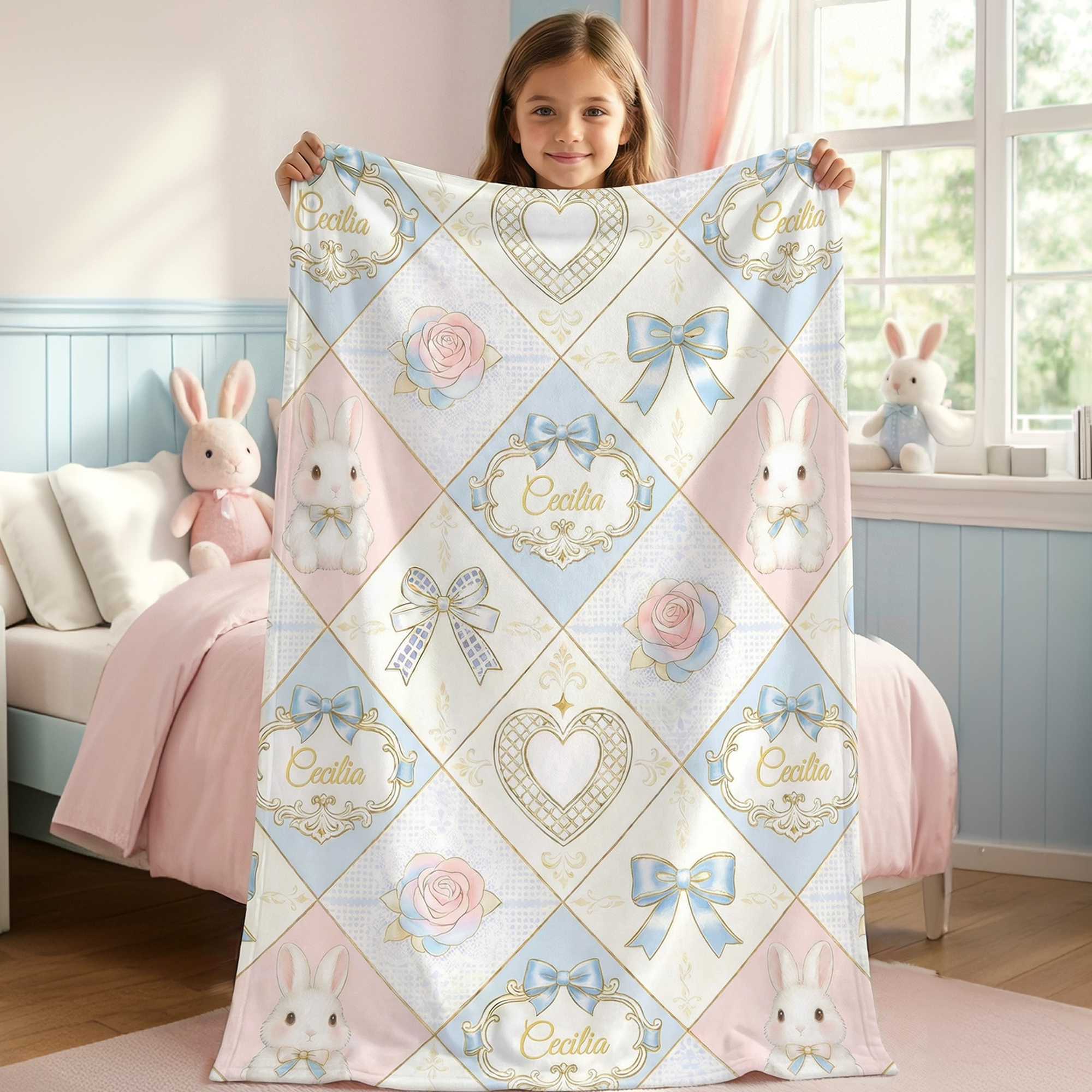 Personnalisé Bow Flower Cute Easter Bunny Soft Throw Blanket with Name Home Decor Easter Birthday Gift for Girls Kids (Cadeau d'anniversaire de Pâques pour les filles)