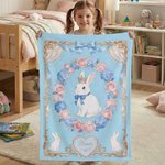Coperta personalizzata con fiocco floreale, cornice, corona, coniglio, con nome, decorazione della stanza, regalo di compleanno e di Pasqua per bambini e bambine.
