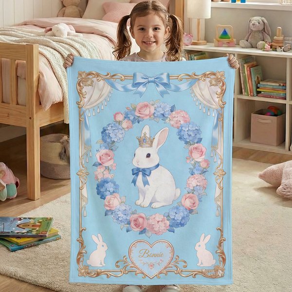 Coperta personalizzata con fiocco floreale, cornice, corona, coniglio, con nome, decorazione della stanza, regalo di compleanno e di Pasqua per bambini e bambine.