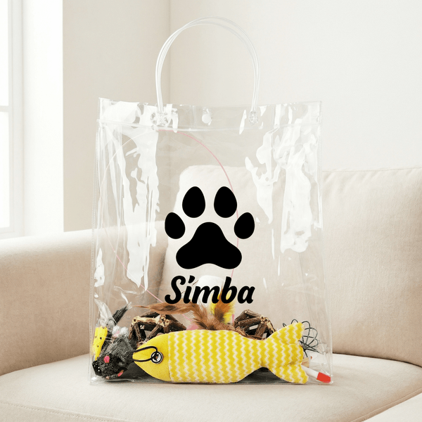 Personalized Paw Heart Design Transparent Bag and 9 Interactive Cat Toys Set with Name Pet Day Birthday Gift for Cat Lovers Owners