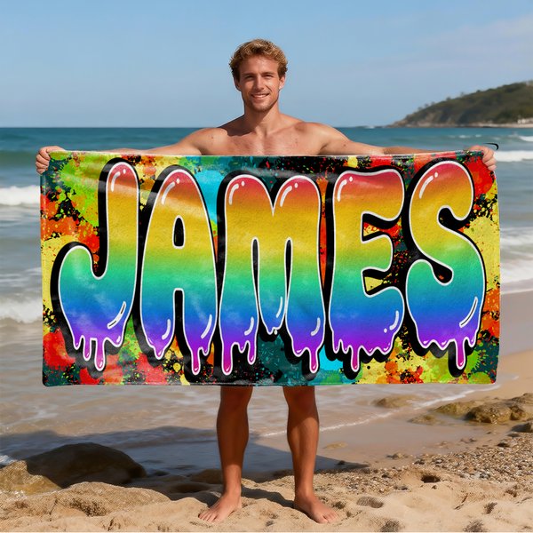 Asciugamano da spiaggia personalizzato con stampa splatter e design Graffiti, ad asciugatura rapida, con nome, regalo di compleanno per bambini amanti dei graffiti.
